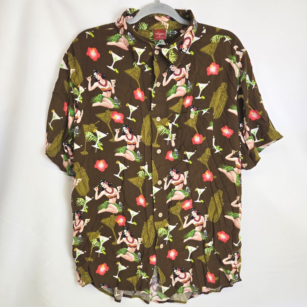 Junction West Hawaiian Shirt Retro Tiki Cocktail Pin Up Girl Print Brown Medium